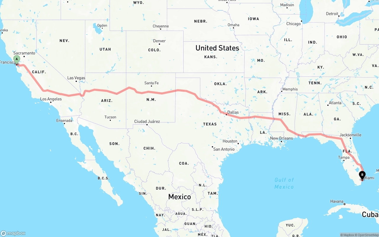 Shipping route from San Francisco to Miami