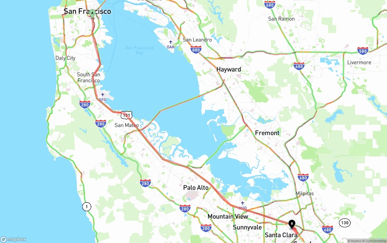 Shipping route from San Francisco to Norman Y. Mineta San Jose International Airport