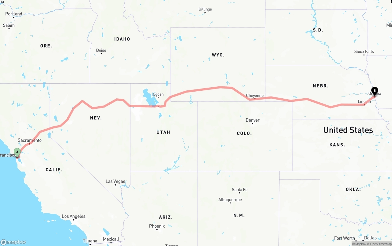 Shipping route from San Francisco to Omaha