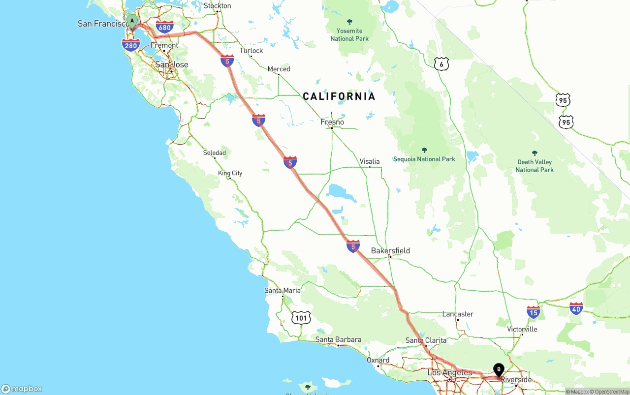 Shipping route from San Francisco to Ontario International Airport