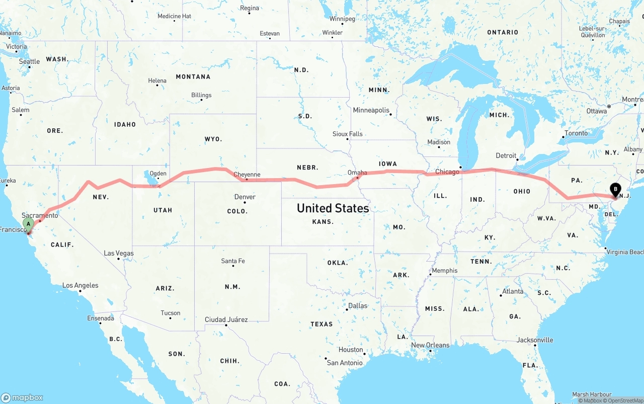 Shipping route from San Francisco to Philadelphia