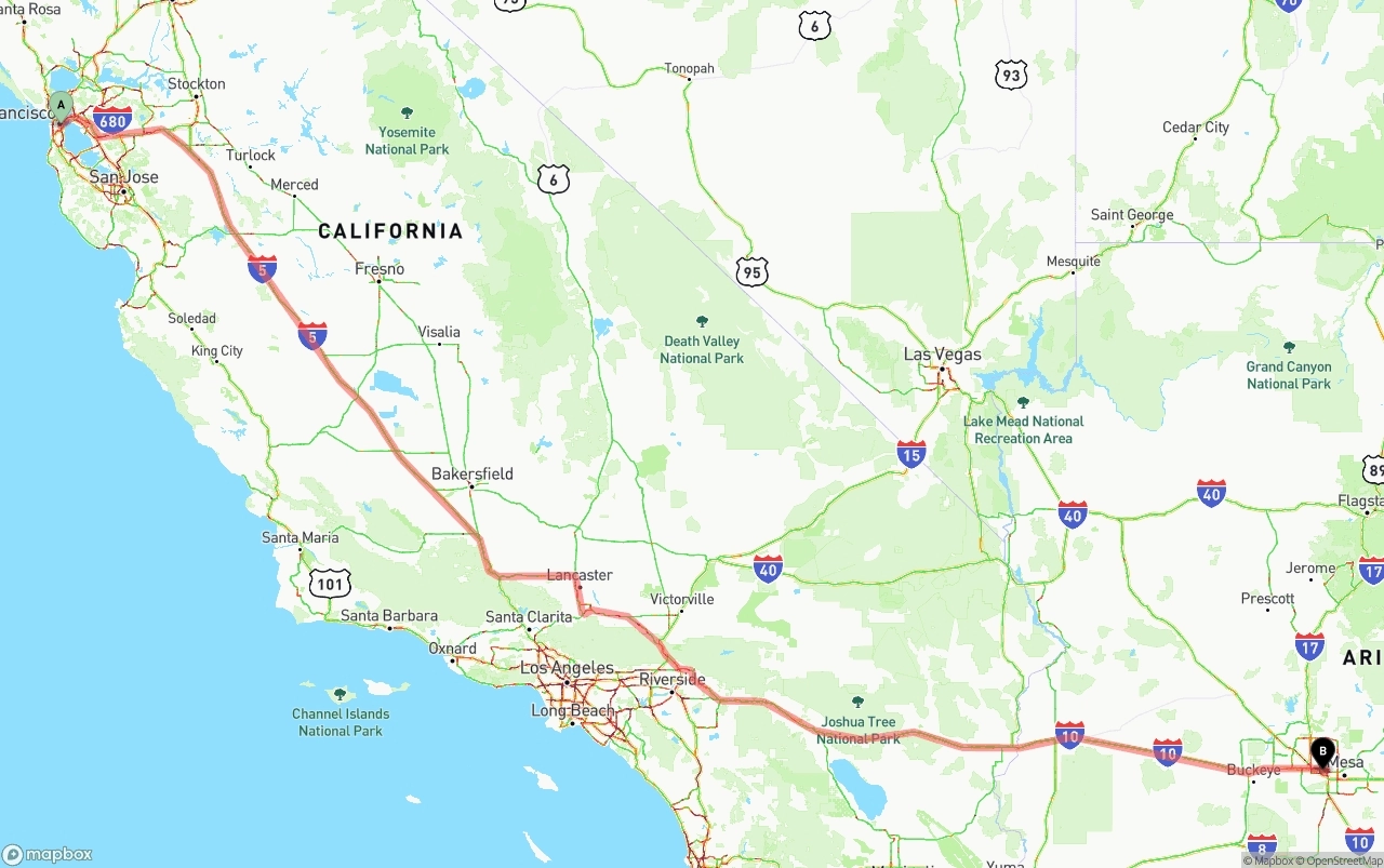 Shipping route from San Francisco to Phoenix Sky Harbor International Airport