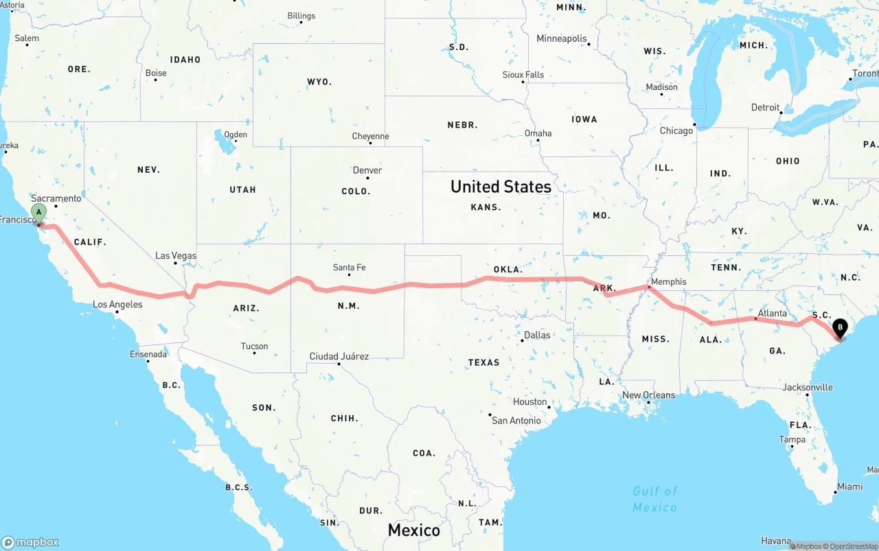 Shipping route from San Francisco to Port of Charleston