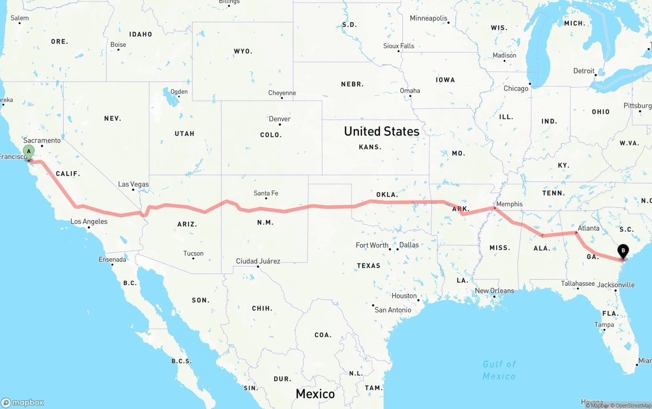 Shipping route from San Francisco to Port of Savannah
