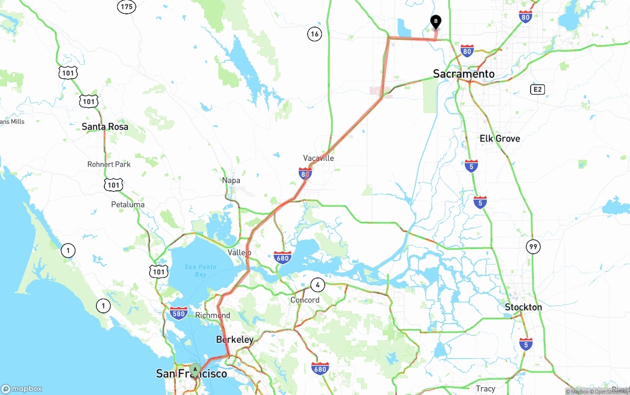 Shipping route from San Francisco to Sacramento International Airport