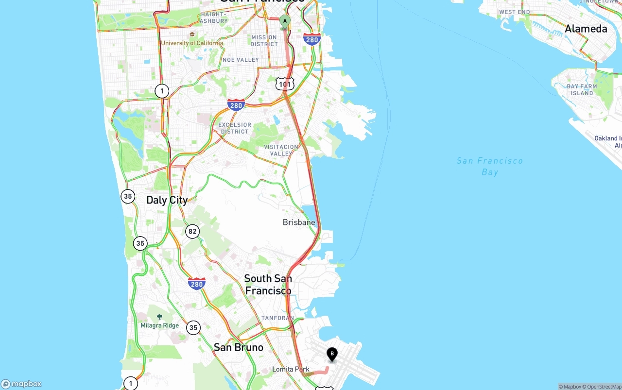 Shipping route from San Francisco to San Francisco International Airport