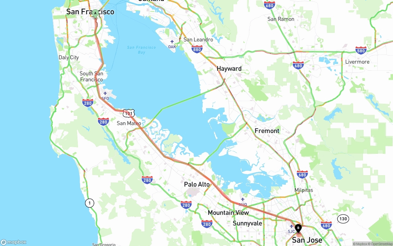 Shipping route from San Francisco to San Jose
