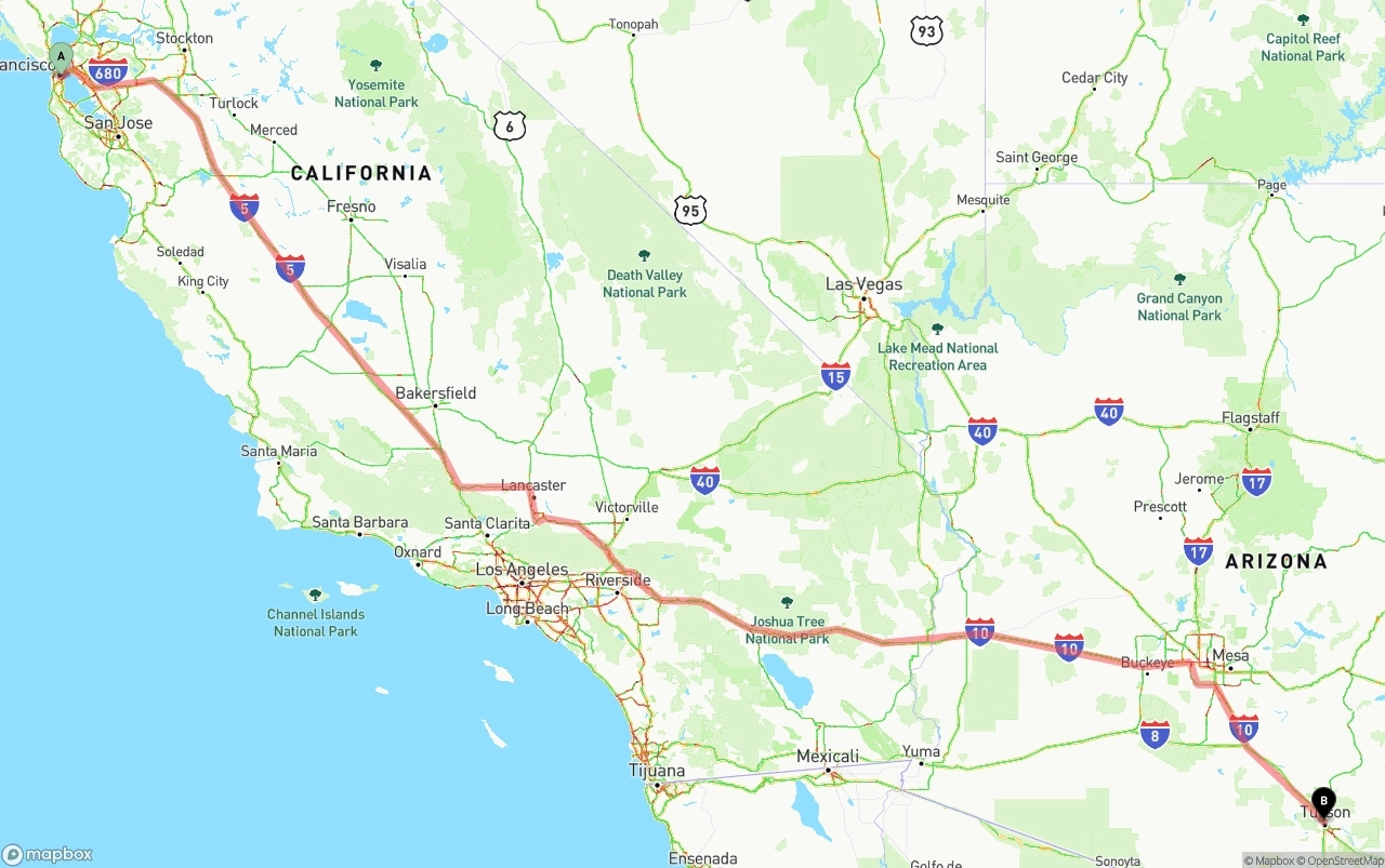 Shipping route from San Francisco to Tucson