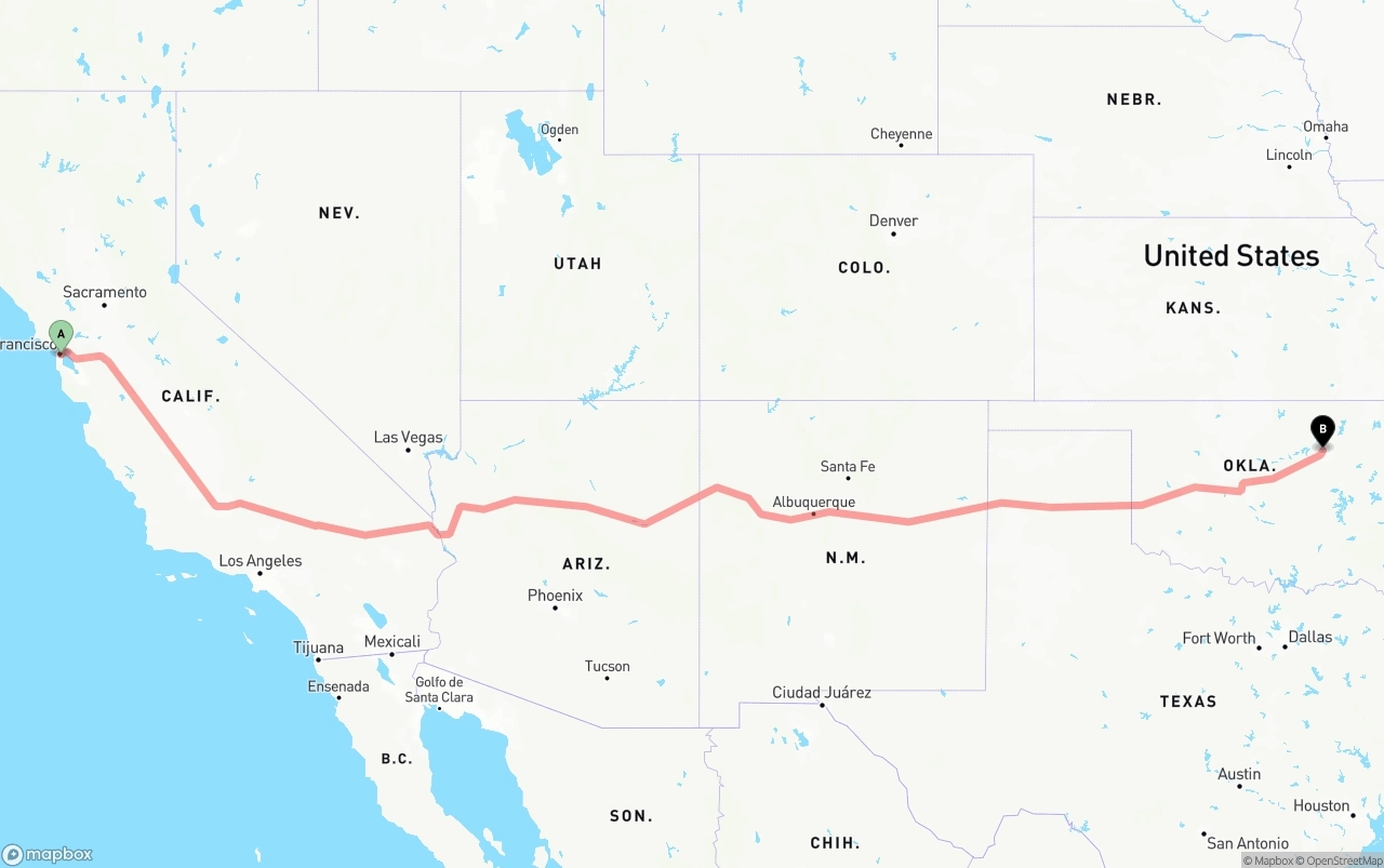 Shipping route from San Francisco to Tulsa