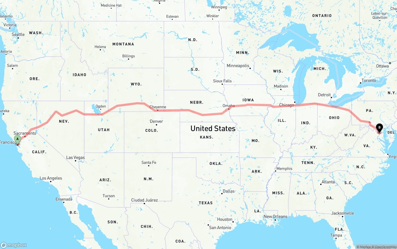 Shipping route from San Francisco to Washington D.C.