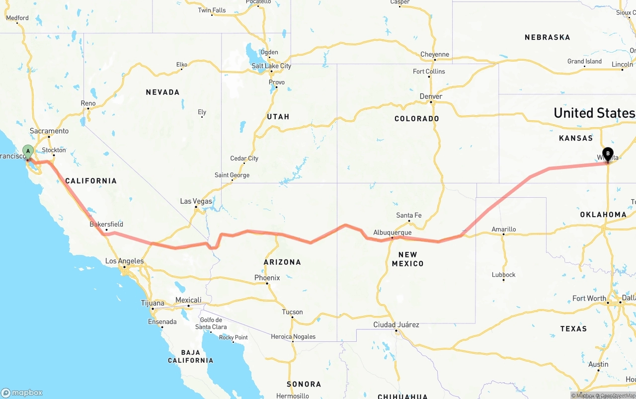 Shipping route from San Francisco to Wichita