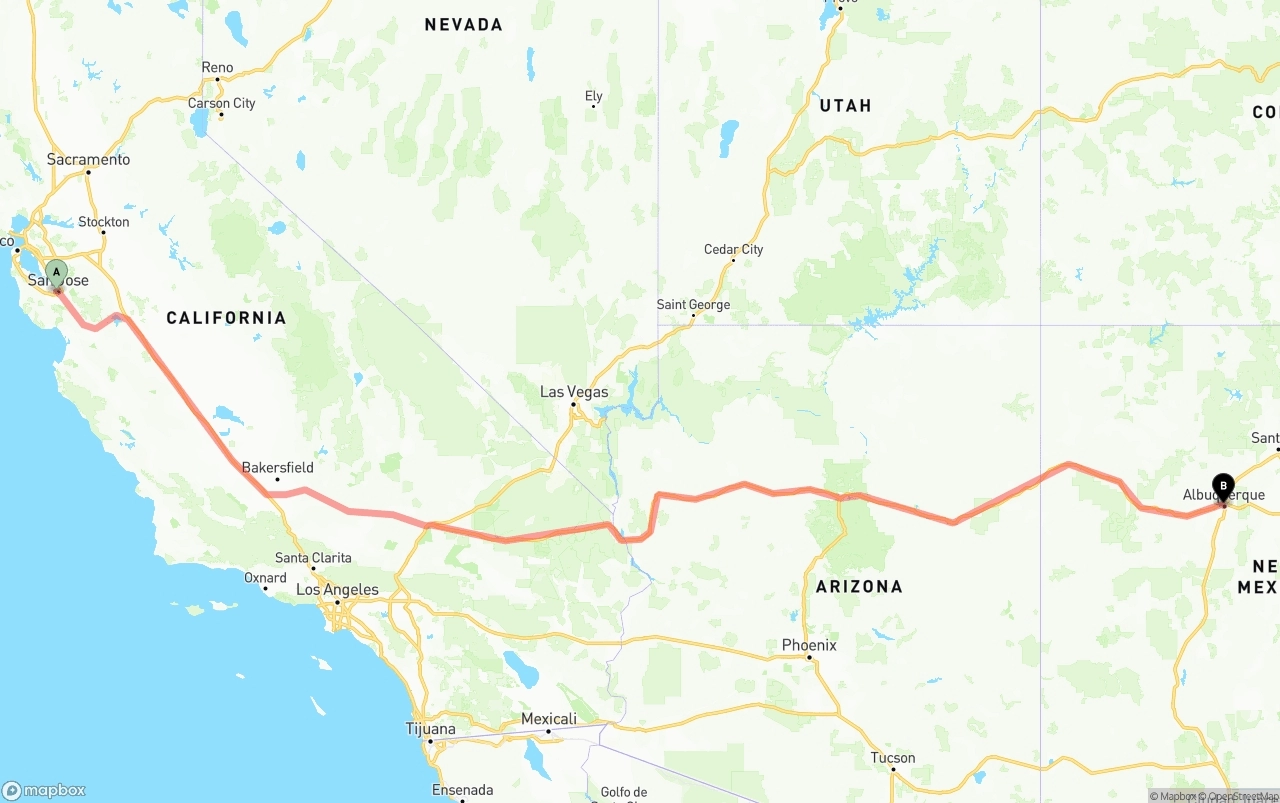 Shipping route from San Jose to Albuquerque