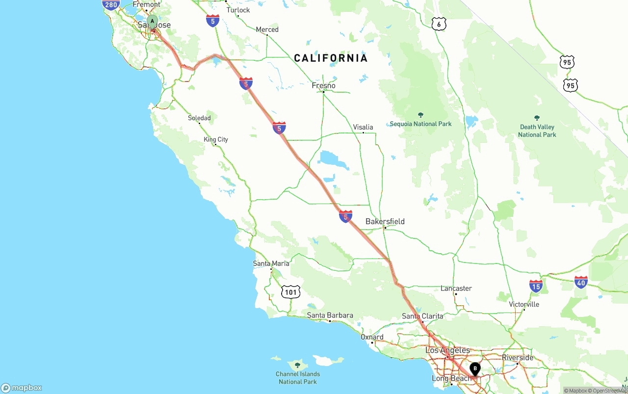 Shipping route from San Jose to Anaheim