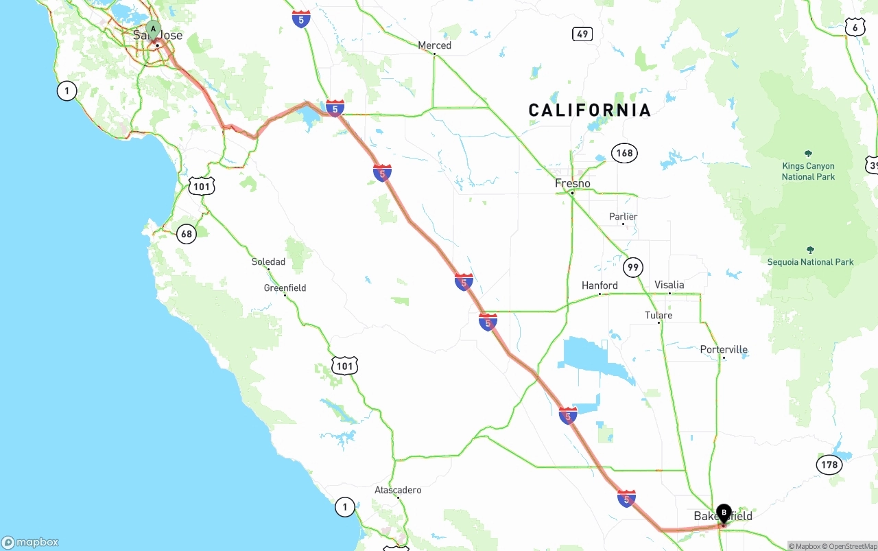 Shipping route from San Jose to Bakersfield