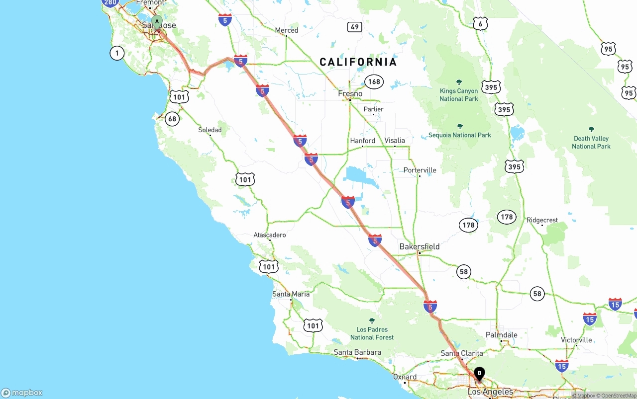 Shipping route from San Jose to Bob Hope Airport