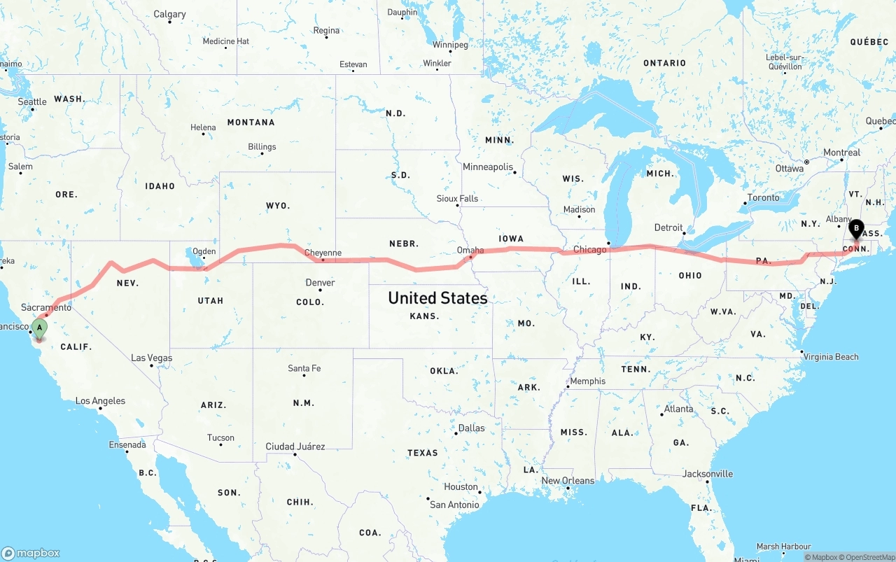 Shipping route from San Jose to Bradley International Airport