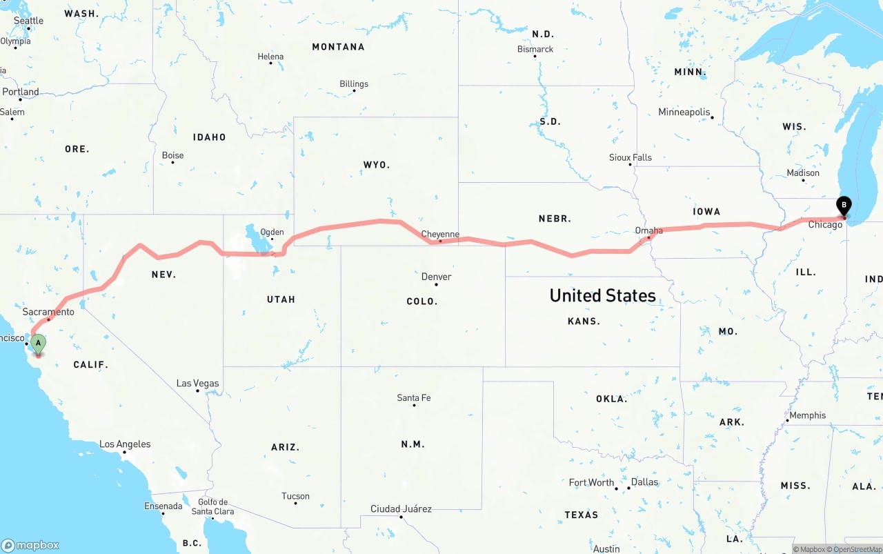Shipping route from San Jose to Chicago