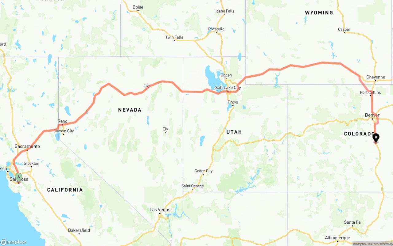 Shipping route from San Jose to Colorado Springs