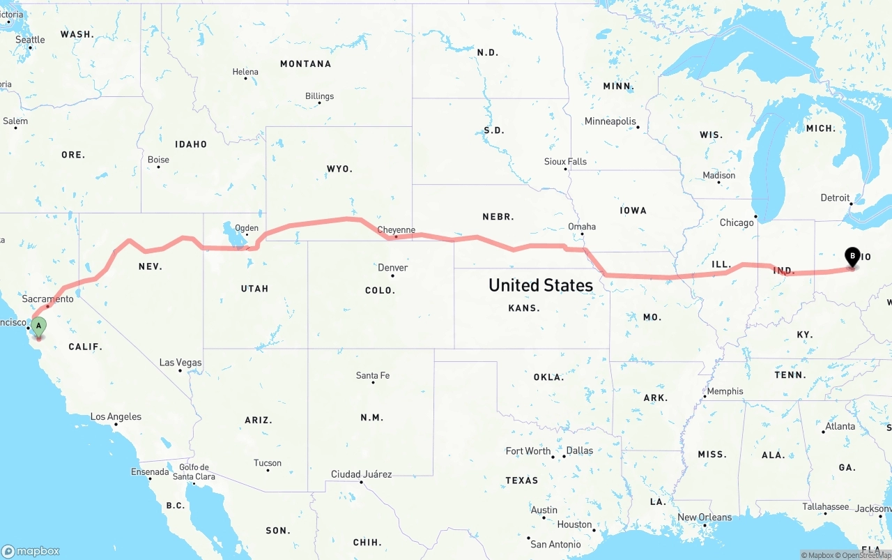 Shipping route from San Jose to Columbus