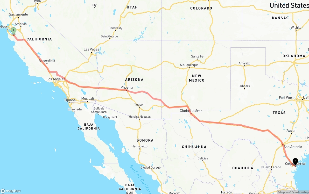 Shipping route from San Jose to Corpus Christi
