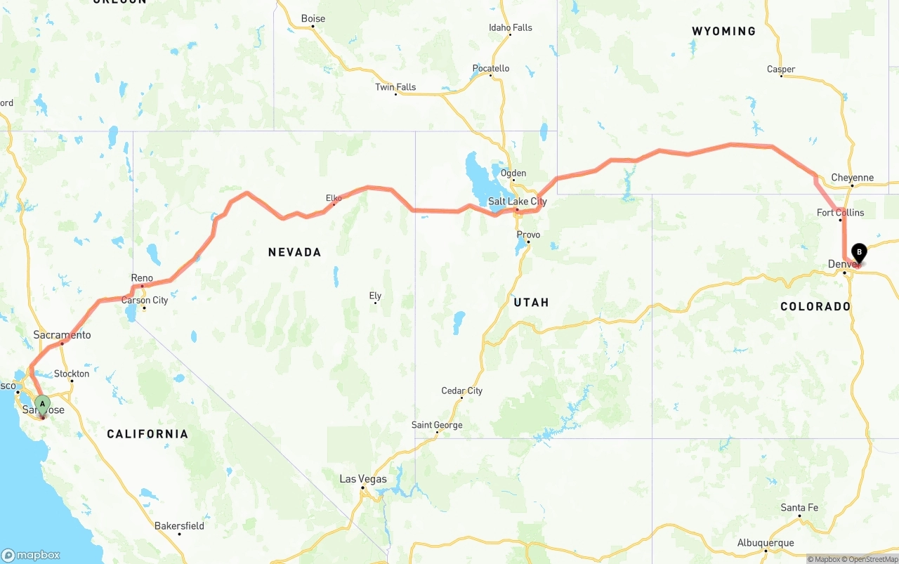 Shipping route from San Jose to Denver International Airport