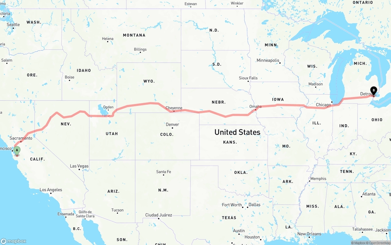 Shipping route from San Jose to Detroit