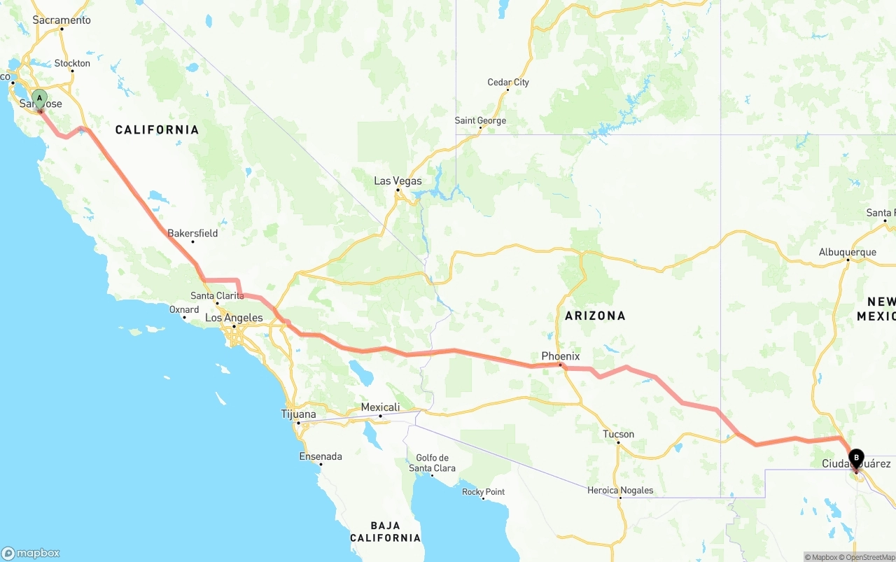 Shipping route from San Jose to El Paso