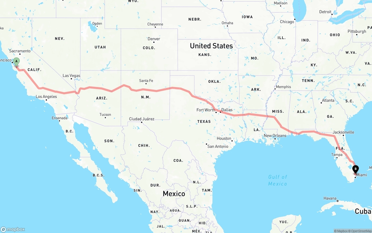 Shipping route from San Jose to Fort Lauderdale-Hollywood International Airport
