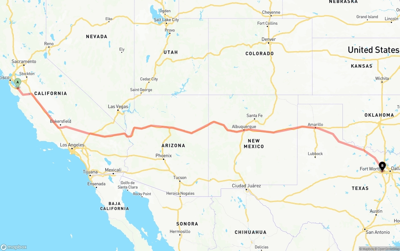 Shipping route from San Jose to Fort Worth