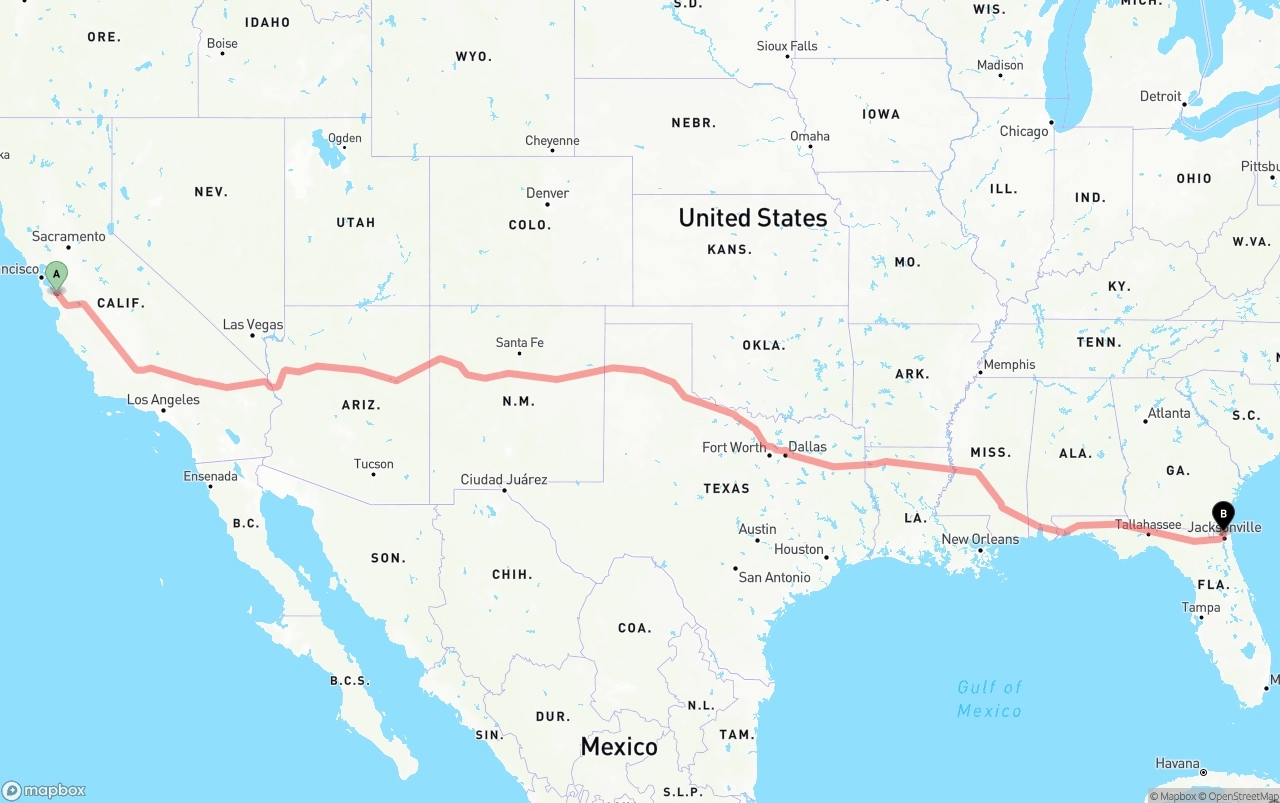 Shipping route from San Jose to Jacksonville International Airport