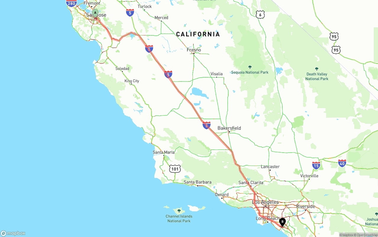 Shipping route from San Jose to John Wayne Airport — Orange County
