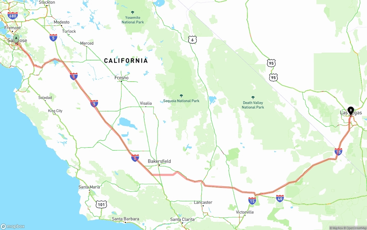 Shipping route from San Jose to Las Vegas