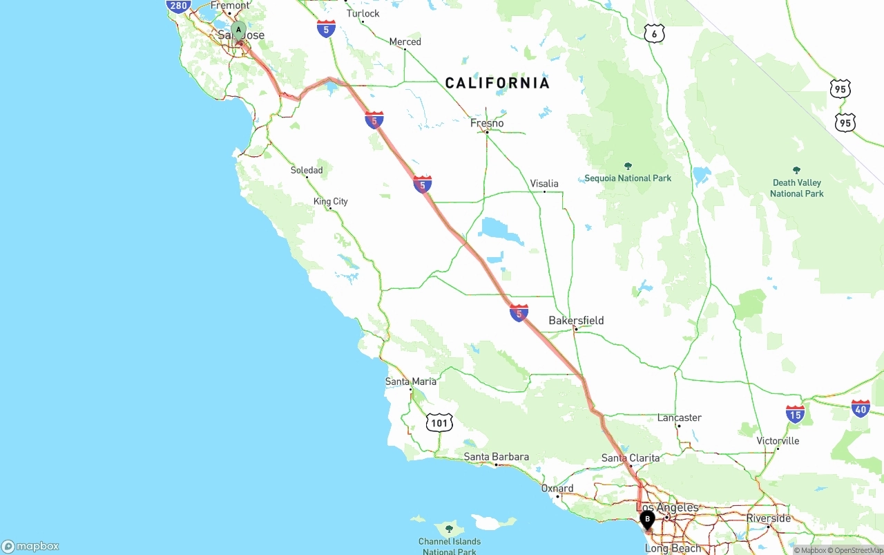 Shipping route from San Jose to Los Angeles International Airport