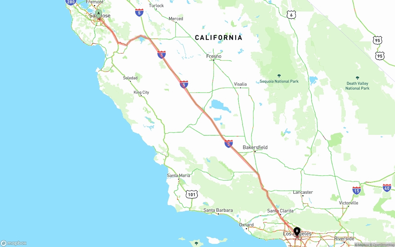 Shipping route from San Jose to Los Angeles
