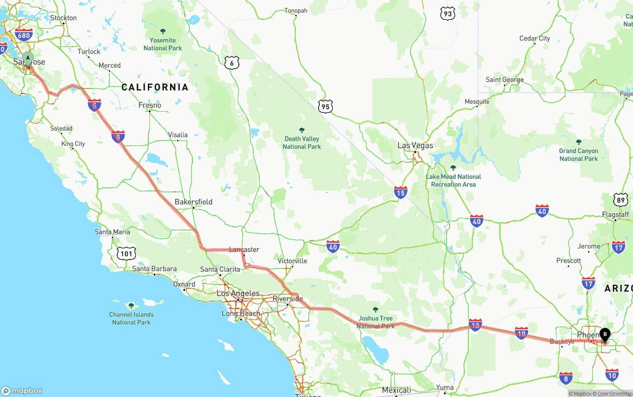 Shipping route from San Jose to Mesa