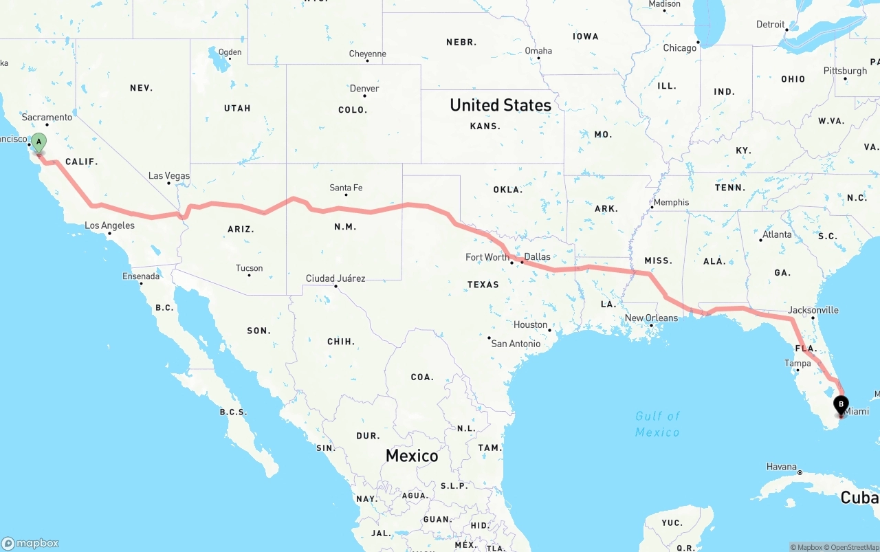 Shipping route from San Jose to Miami