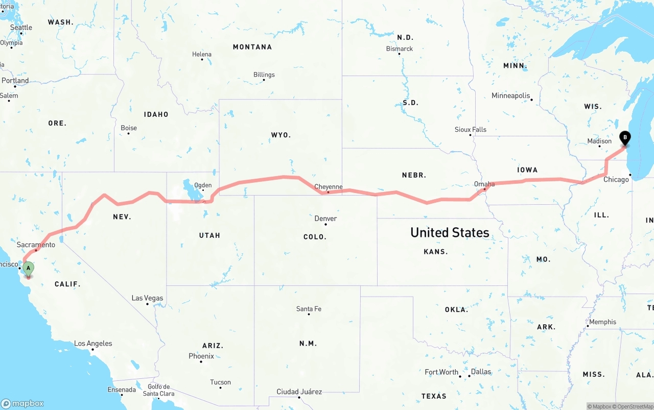 Shipping route from San Jose to Milwaukee