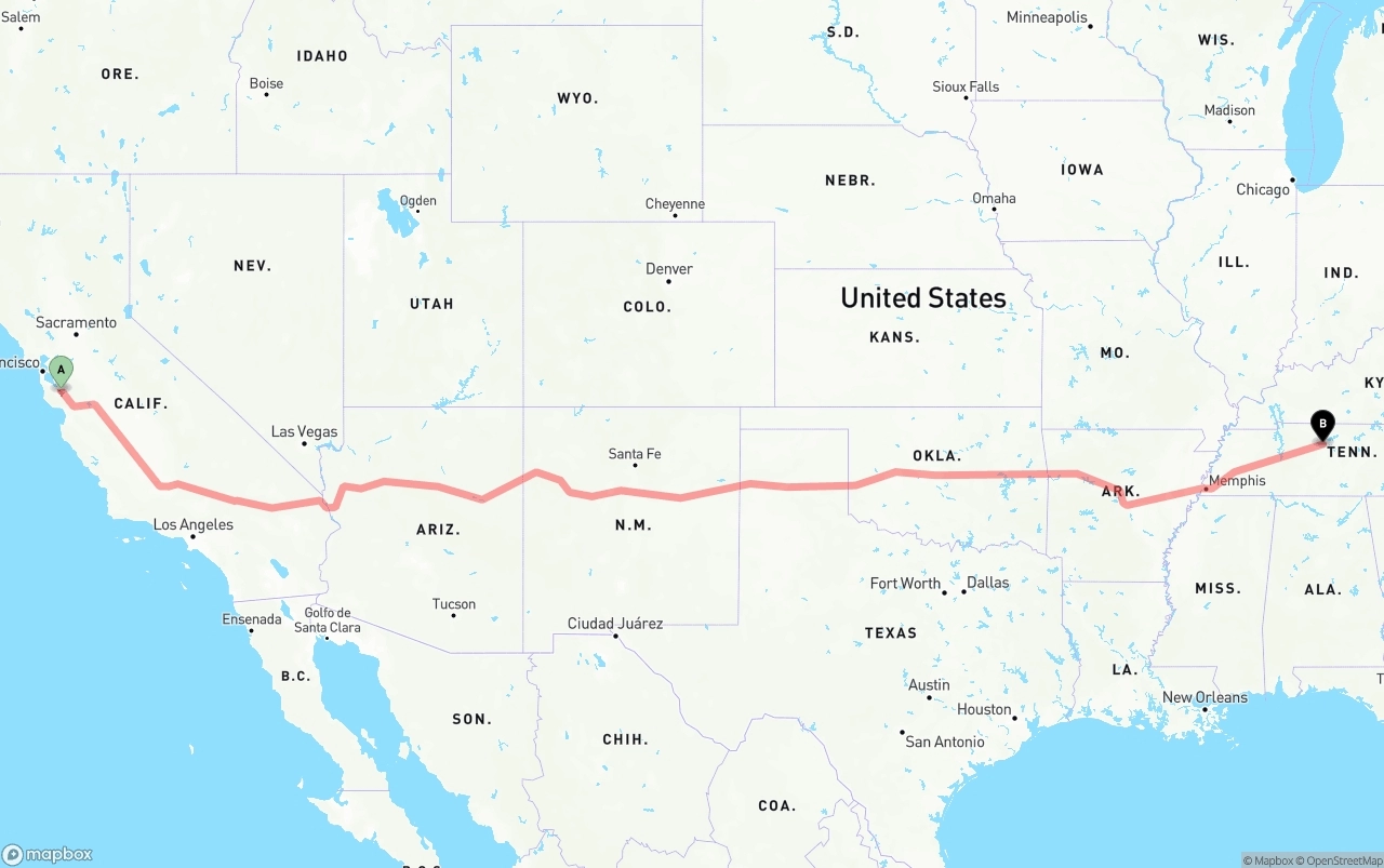 Shipping route from San Jose to Nashville