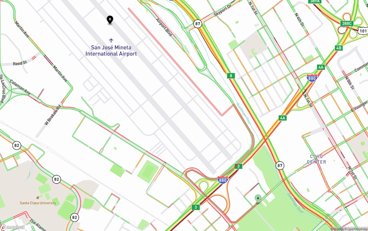 Shipping route from San Jose to Norman Y. Mineta San Jose International Airport