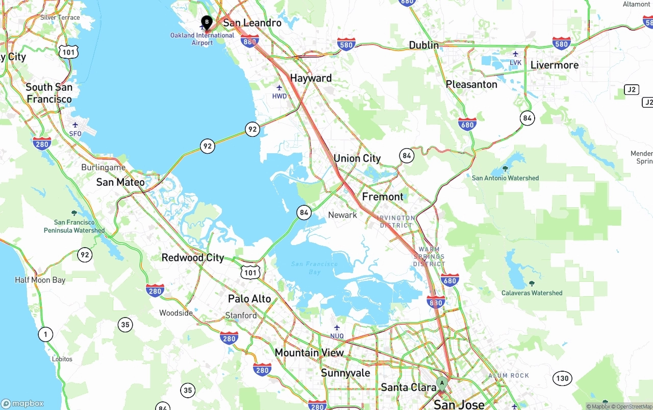 Shipping route from San Jose to Oakland International Airport