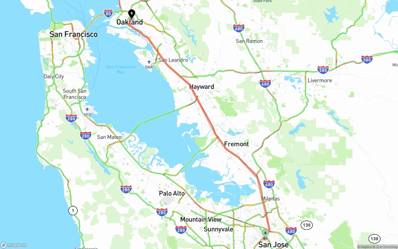 Shipping route from San Jose to Oakland