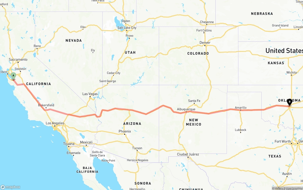 Shipping route from San Jose to Oklahoma City