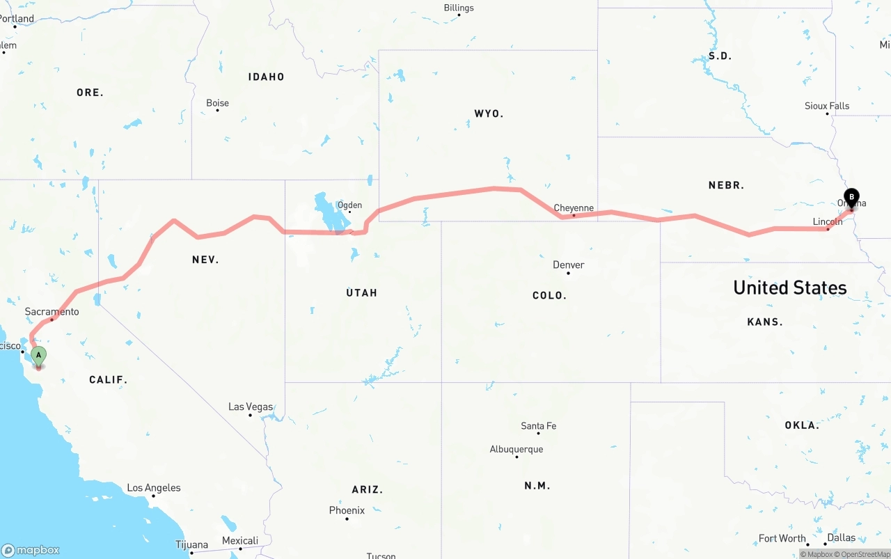 Shipping route from San Jose to Omaha
