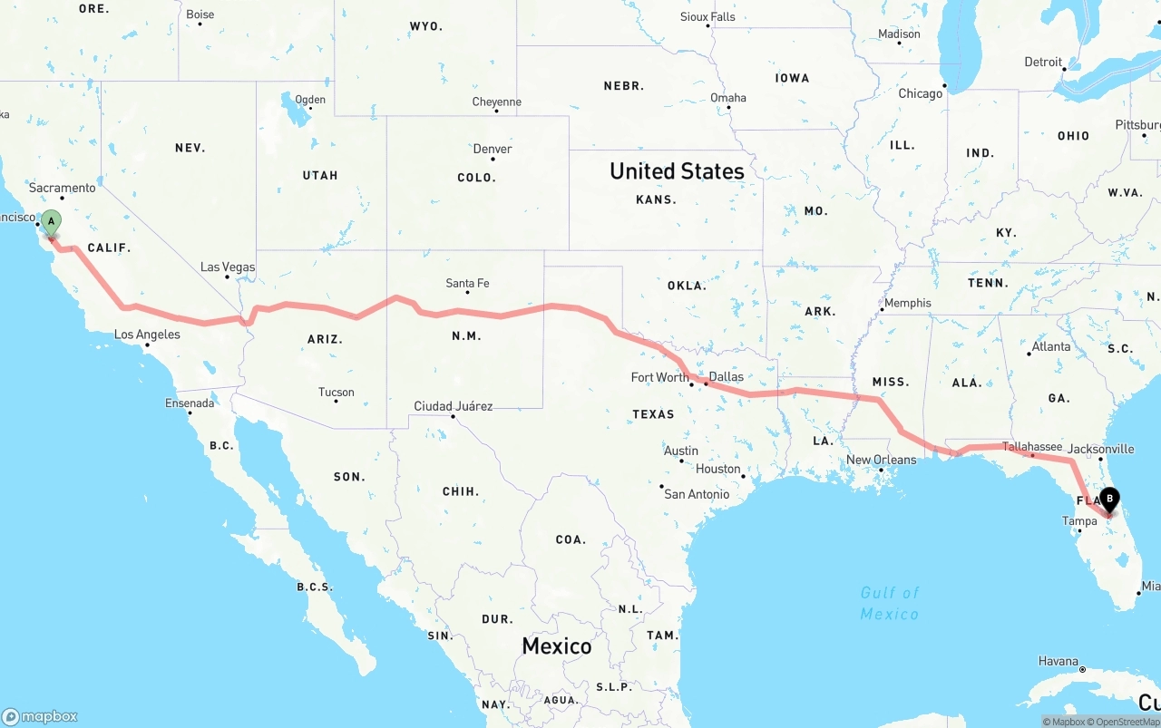 Shipping route from San Jose to Orlando International Airport