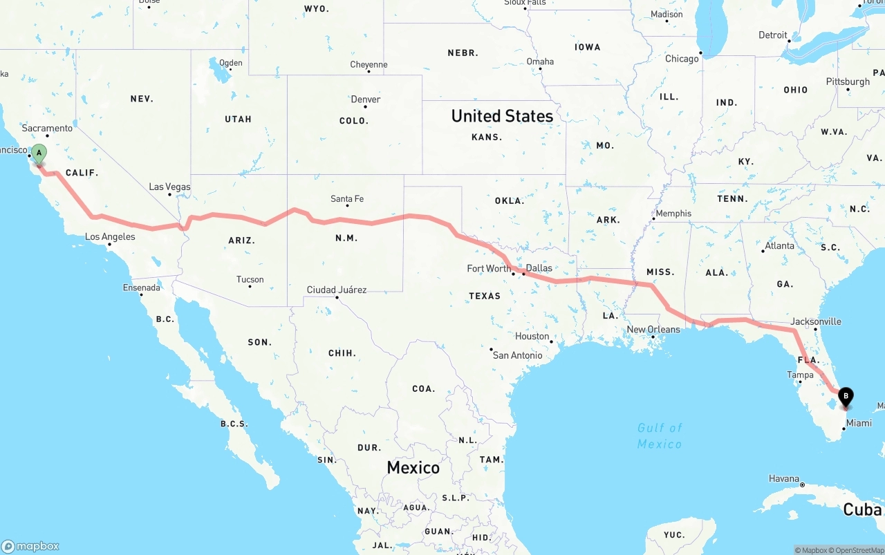 Shipping route from San Jose to Palm Beach International Airport