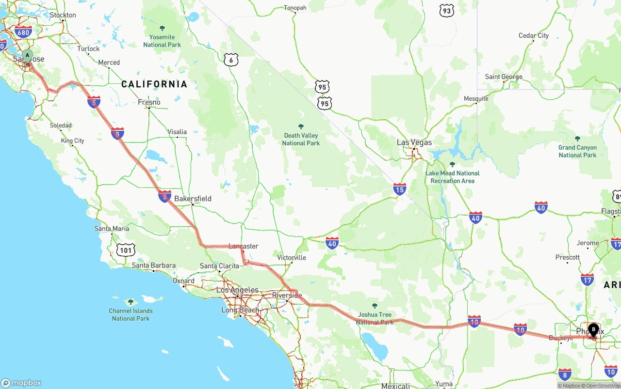 Shipping route from San Jose to Phoenix Sky Harbor International Airport