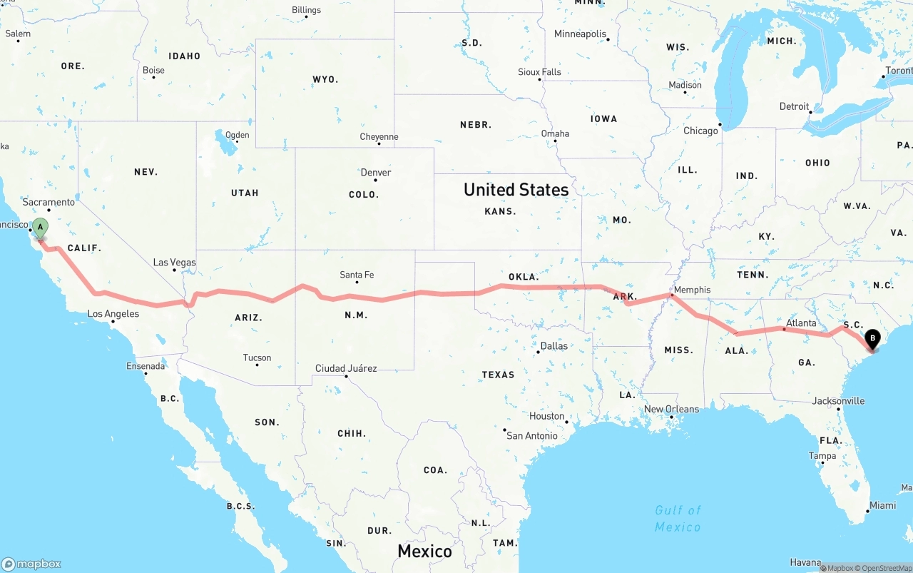 Shipping route from San Jose to Port of Charleston