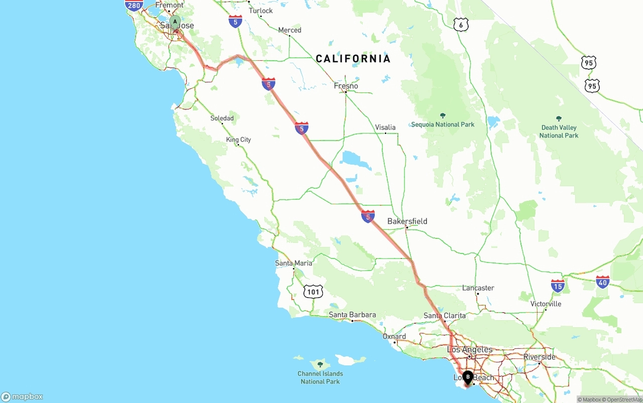 Shipping route from San Jose to Port of Los Angeles