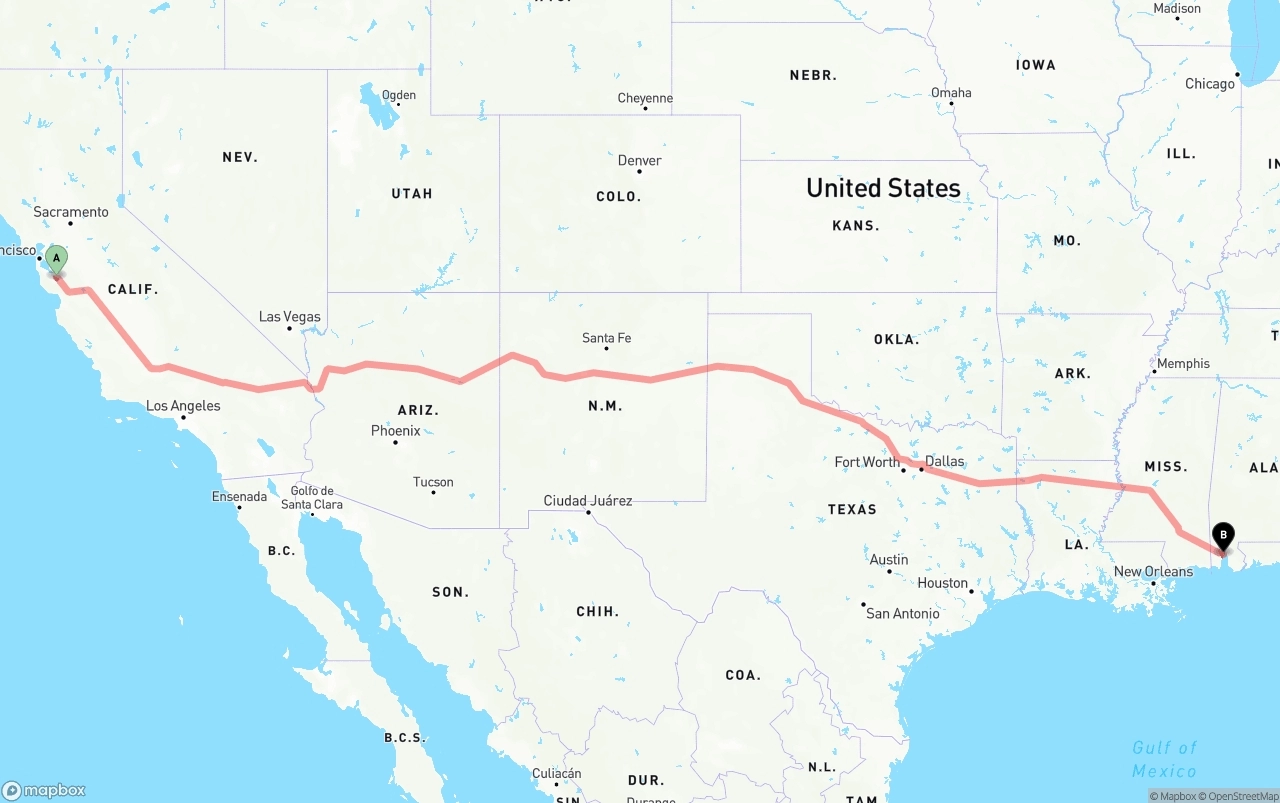 Shipping route from San Jose to Port of Mobile