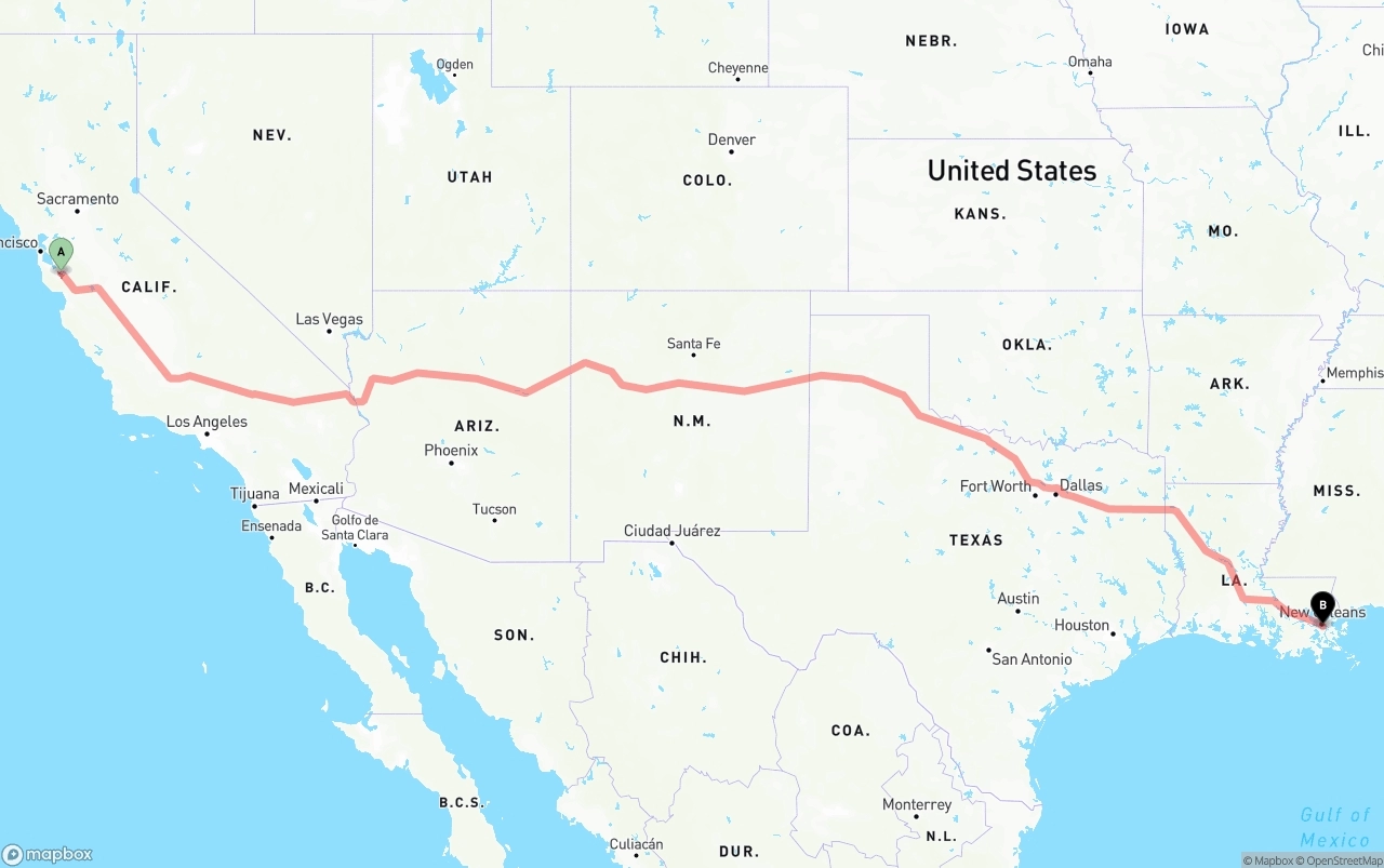 Shipping route from San Jose to Port of New Orleans